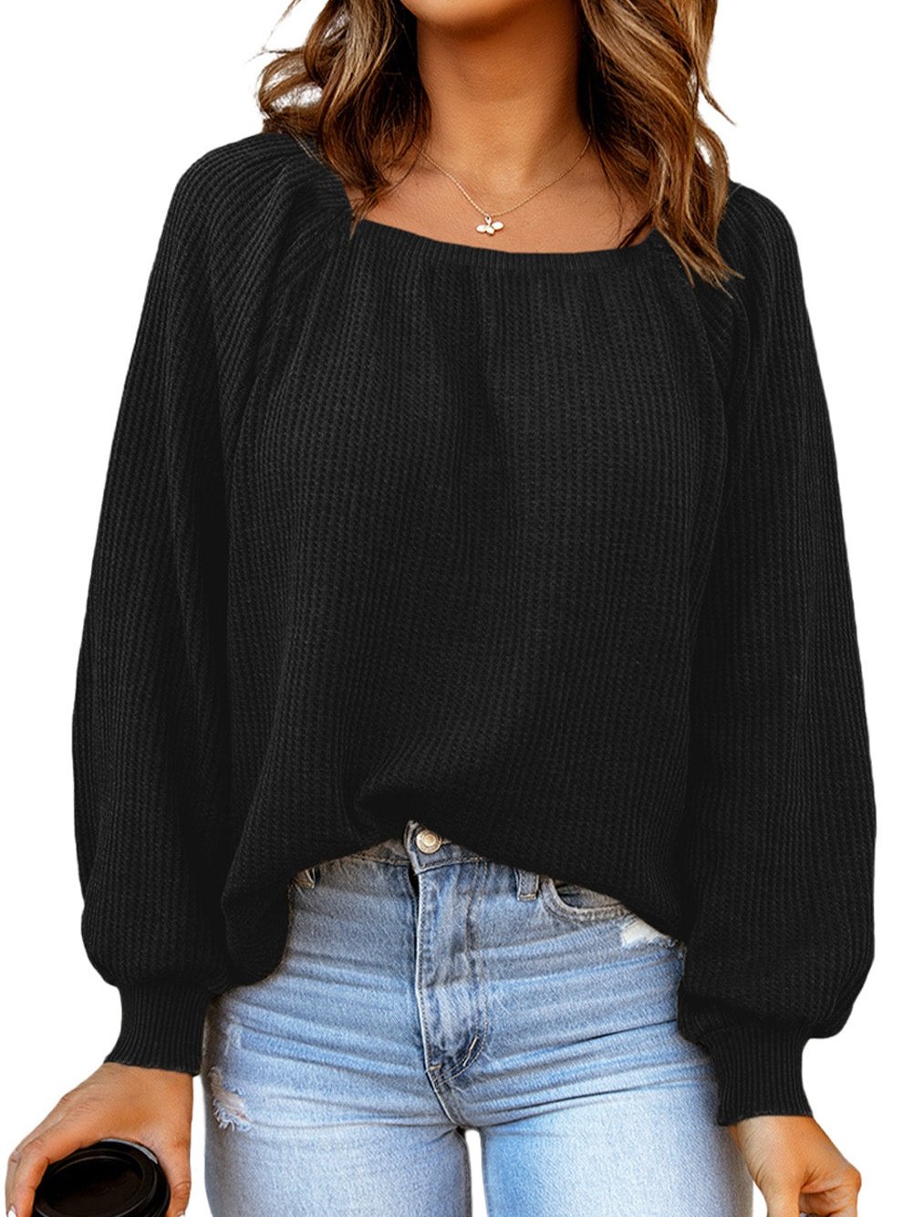 Elegant Square Neck Long Sleeve Waffle Knit Top