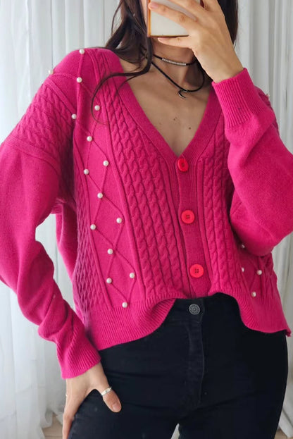 Rose Red Cable Rhombus Knit Pearl Embellished Button V Neck Cardigan