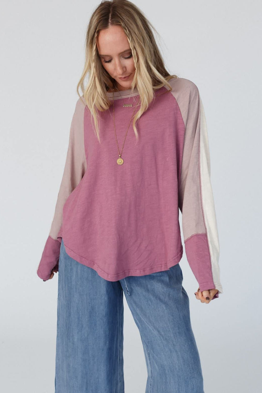 Heather Color Block Stitched Raglan Sleeve Loose Top