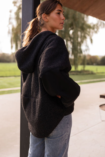 Black Woolen Blend Uneven Hem Half Zipped Pullover Baggy Hoodie