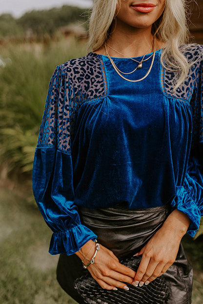 Sky Blue Leopard Patchwork Shoulder Flounce Sleeve Velvet Blouse