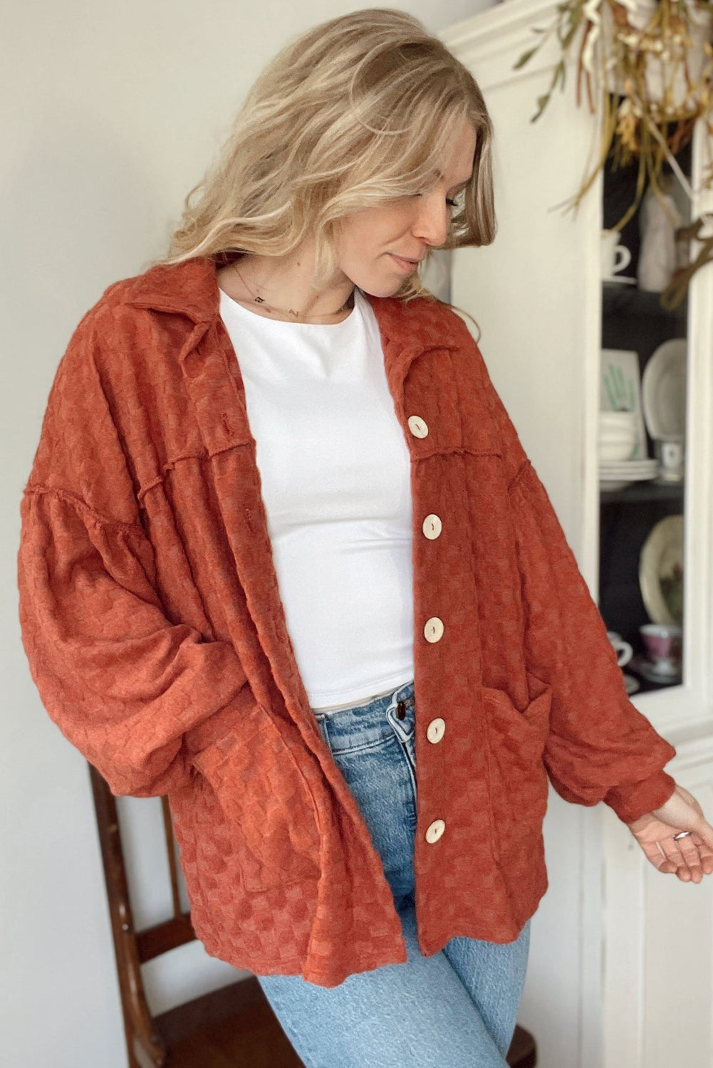 Gold Flame Exposed Seam Detail Cozy Plaid Texture Loose Shacket