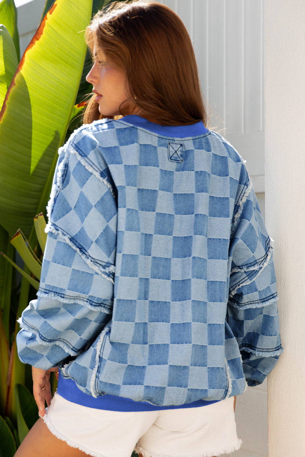 checkered denim pullover