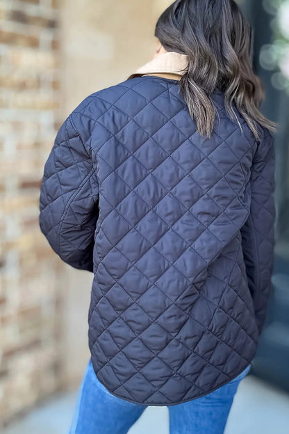 Dirty blue Snap Button Quilted Color Block Collar Pocketed Winter Jacket