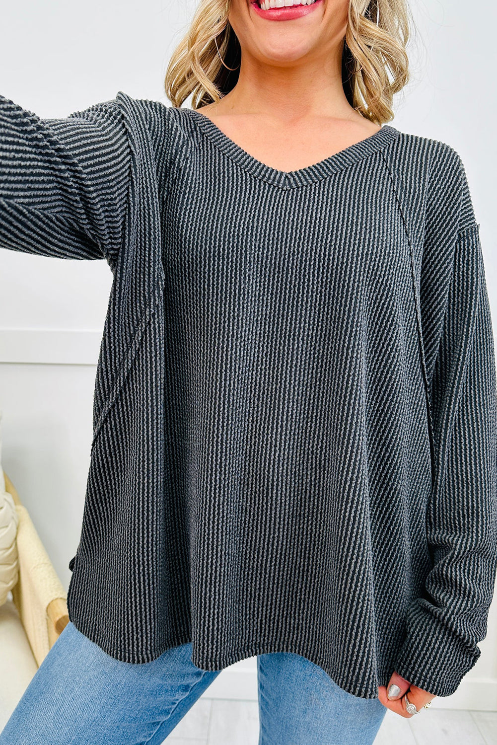 Dark Grey Twisted Rib Texture Exposed Seam Patchwork Loose Long Sleeve Top