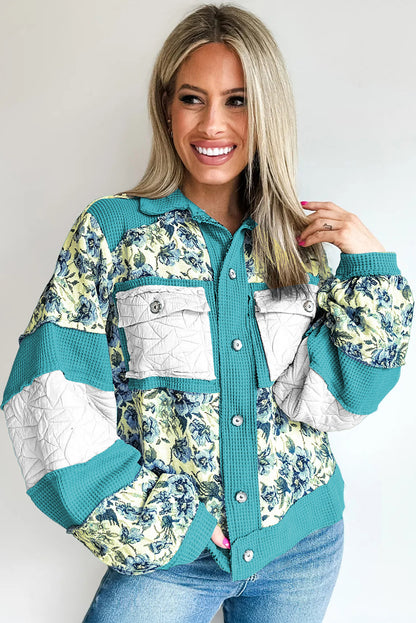 Sky Blue Waffle Floral Mix Texture Color Block Patchwork Loose Shacket
