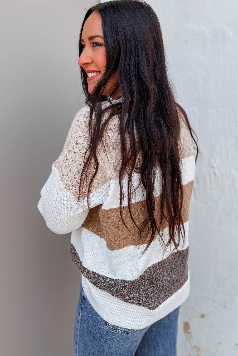 Brown Mixed Texture Knit Striped Color Block Loose Sweater