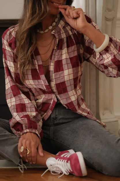 Wild Ginger Plaid Print Shirred Detail Round Neck Long Puff Sleeve Shirt