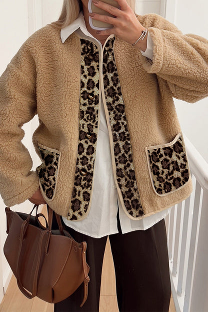 Smoke Gray Leopard Print Accent Plush Jacket with Pockets