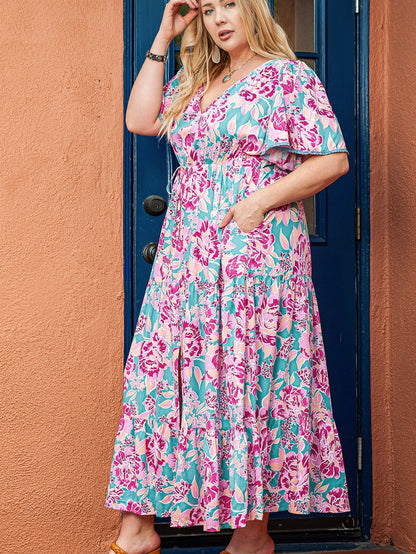 Elegant Purple Floral V Neck A-Line Maxi Dress with Ruffle Detail
