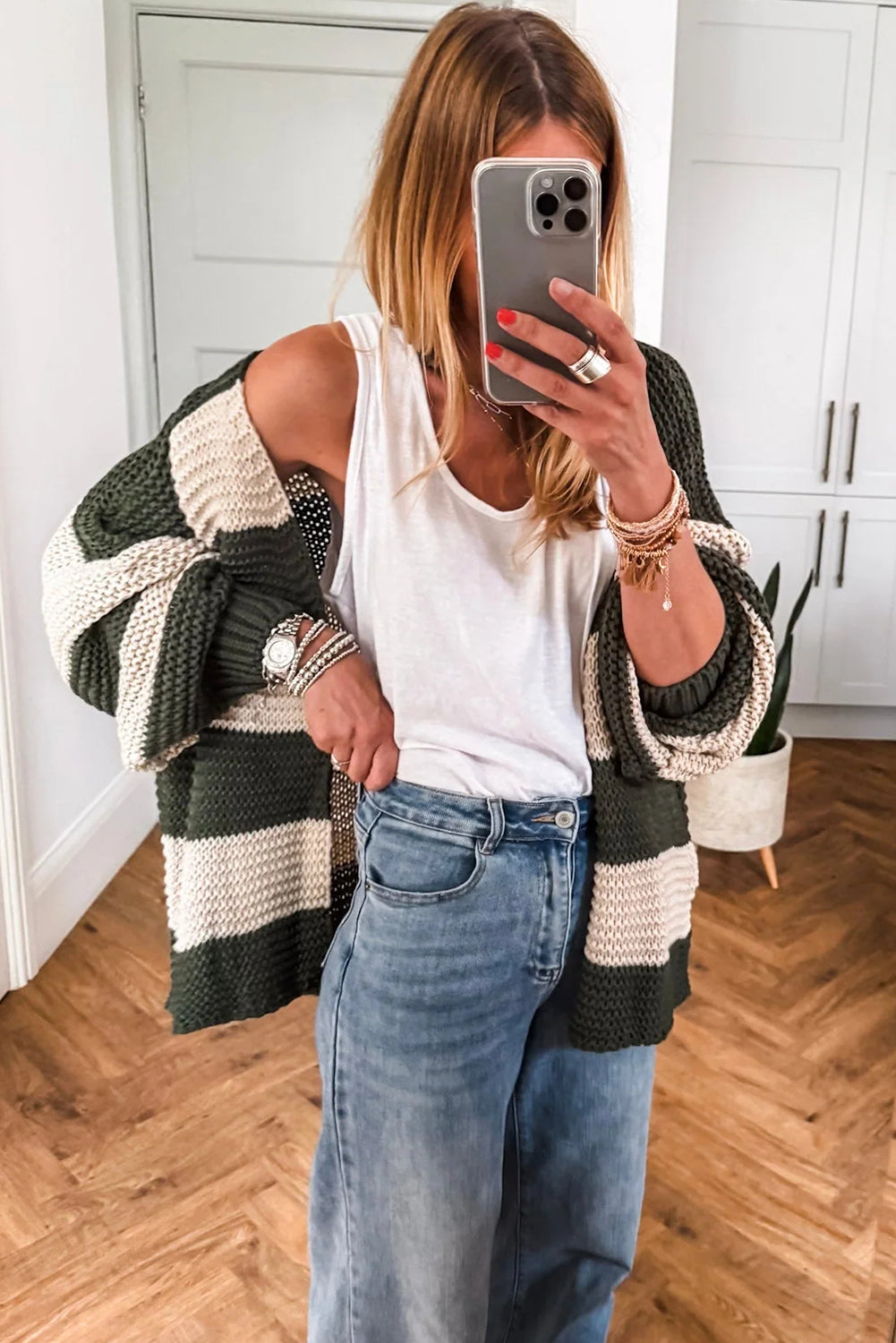Green Stripe Drop Shoulder Open Slouchy Cardigan