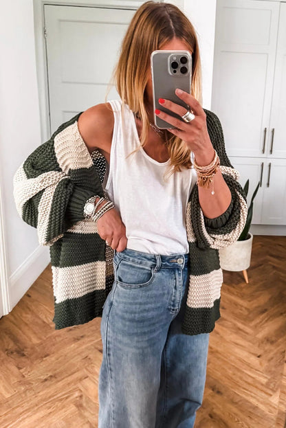 Green Stripe Drop Shoulder Open Slouchy Cardigan