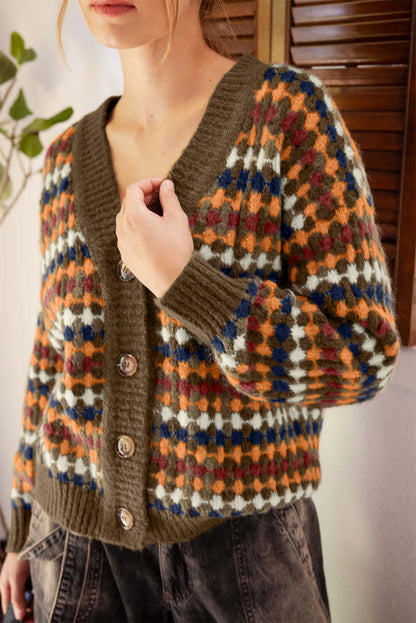 Brown Dotty Pattern Knit Button Front V Neck Sweater Cardigan