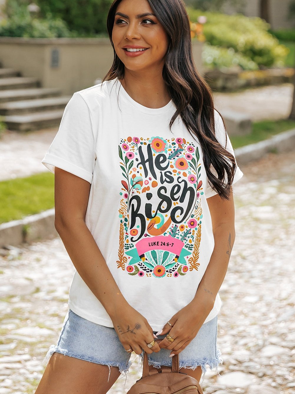 He Has Risen White Floral Round Neck Tee