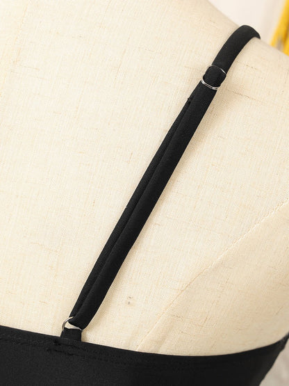 Elegant Black Metal Embellished One-Piece Swimsuit with Spaghetti Straps