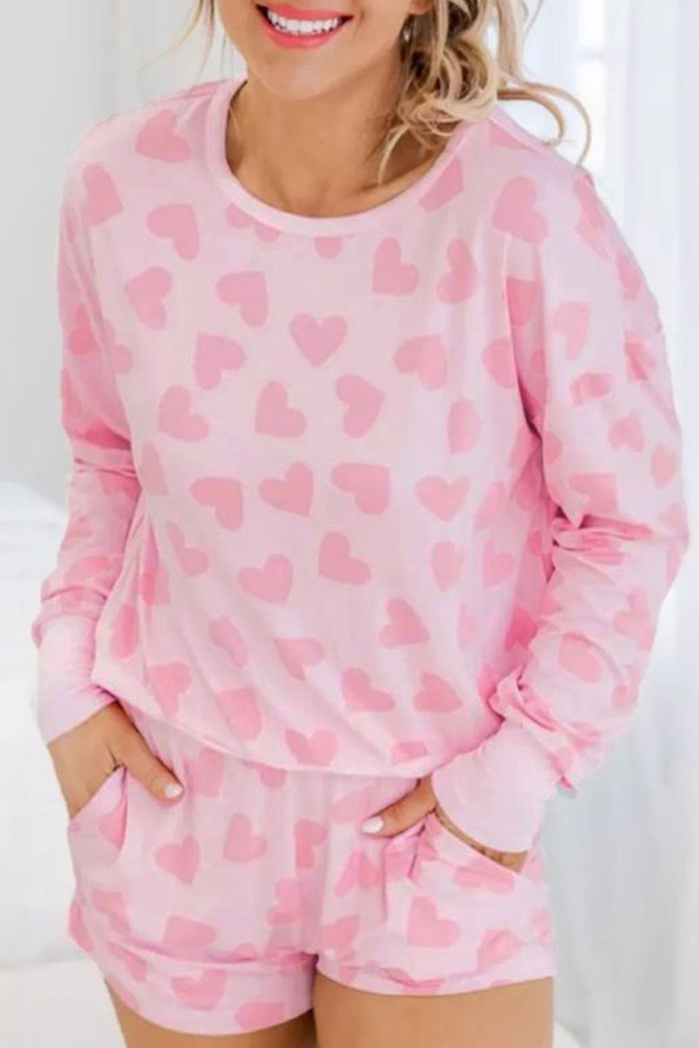 Heartfelt Pink Valentine's Day Lounge Set with Heart Print Top and Shorts