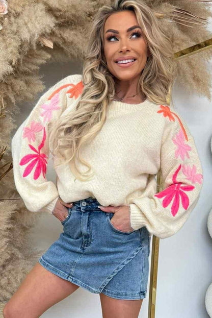 Beige Embroidered Floral Sleeve Round Neck Loose Sweater