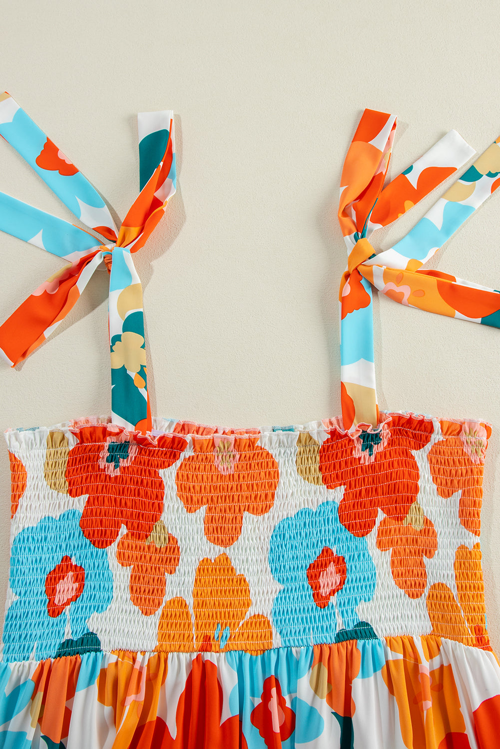 Smocked Floral Print Plus Size White Jumpsuit with Wide Leg