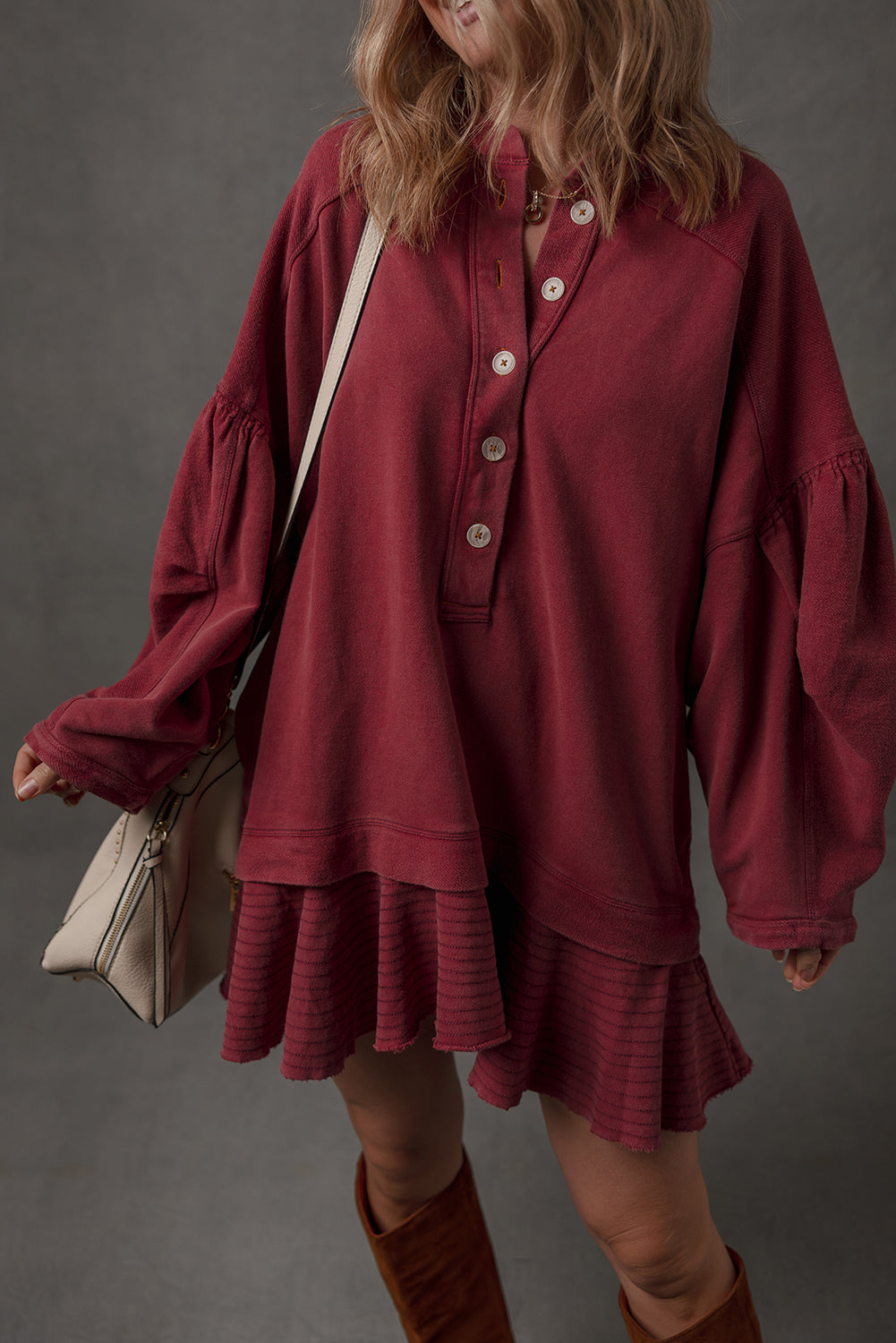 Burgundy Ruffle Hem Patchwork Half Button Long Sleeve Loose Tunic Dress