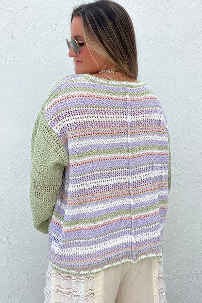 Multicolour Striped Knit Color Block Patch Pocket Button V Neck Cardigan