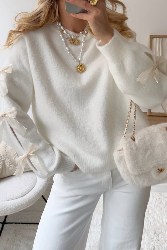 White Solid Color Knit Rhinestone Ribbon Bow Sleeve Decor Loose Sweater
