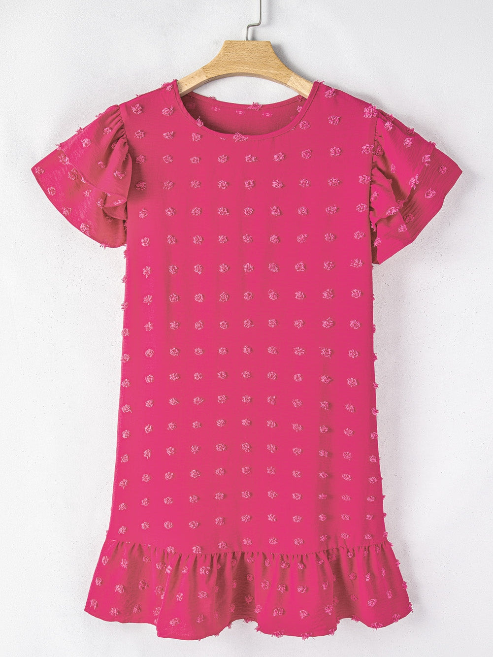 Strawberry Pink Jacquard Ruffle Sleeve Plus Size Mini Dress