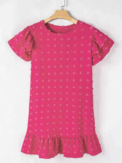 Strawberry Pink Jacquard Ruffle Sleeve Plus Size Mini Dress