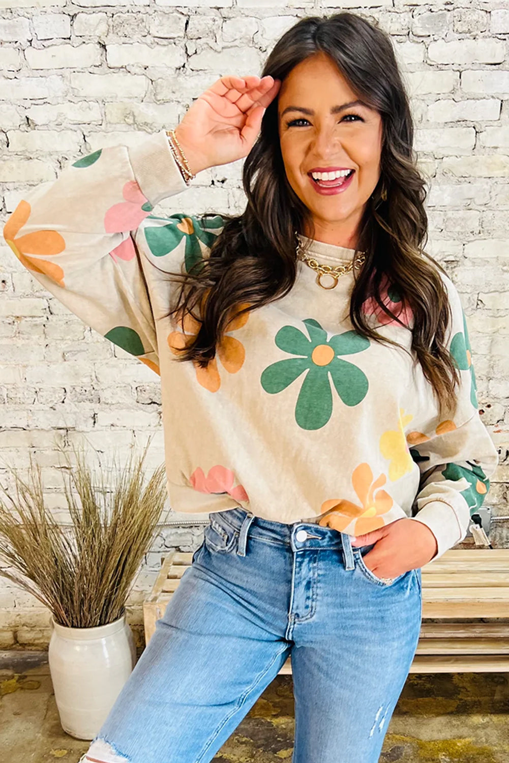 Khaki Big Flower Printed Drop Shoulder Mineral Wash Sweatshirt