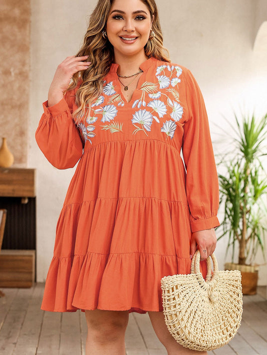 Orange Plus Size Embroidered Tiered Ruffle Dress