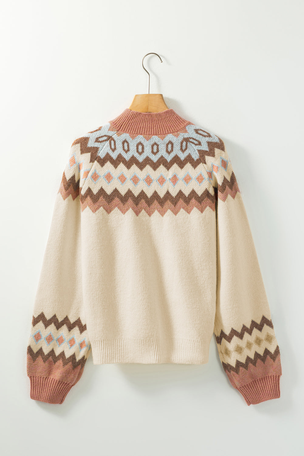 Khaki Ribbed Trim Geometric Pattern High Neck Sweater
