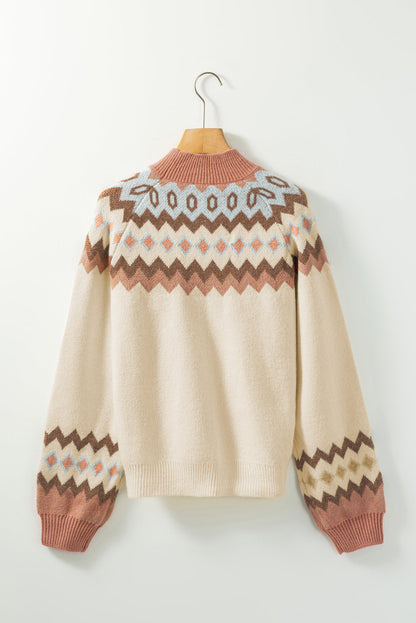 Khaki Ribbed Trim Geometric Pattern High Neck Sweater