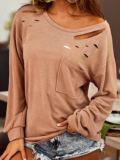 Khaki Knit Distressed Patch Pocket Long Sleeve Top