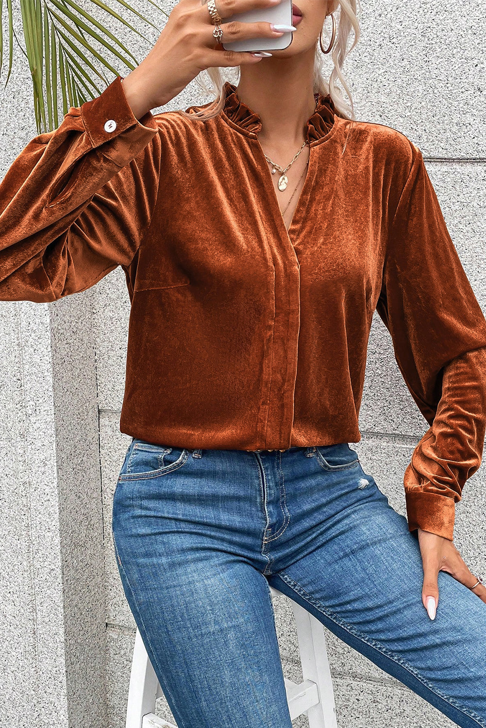 Golden Flame Frill-Collared Velvet Blouse