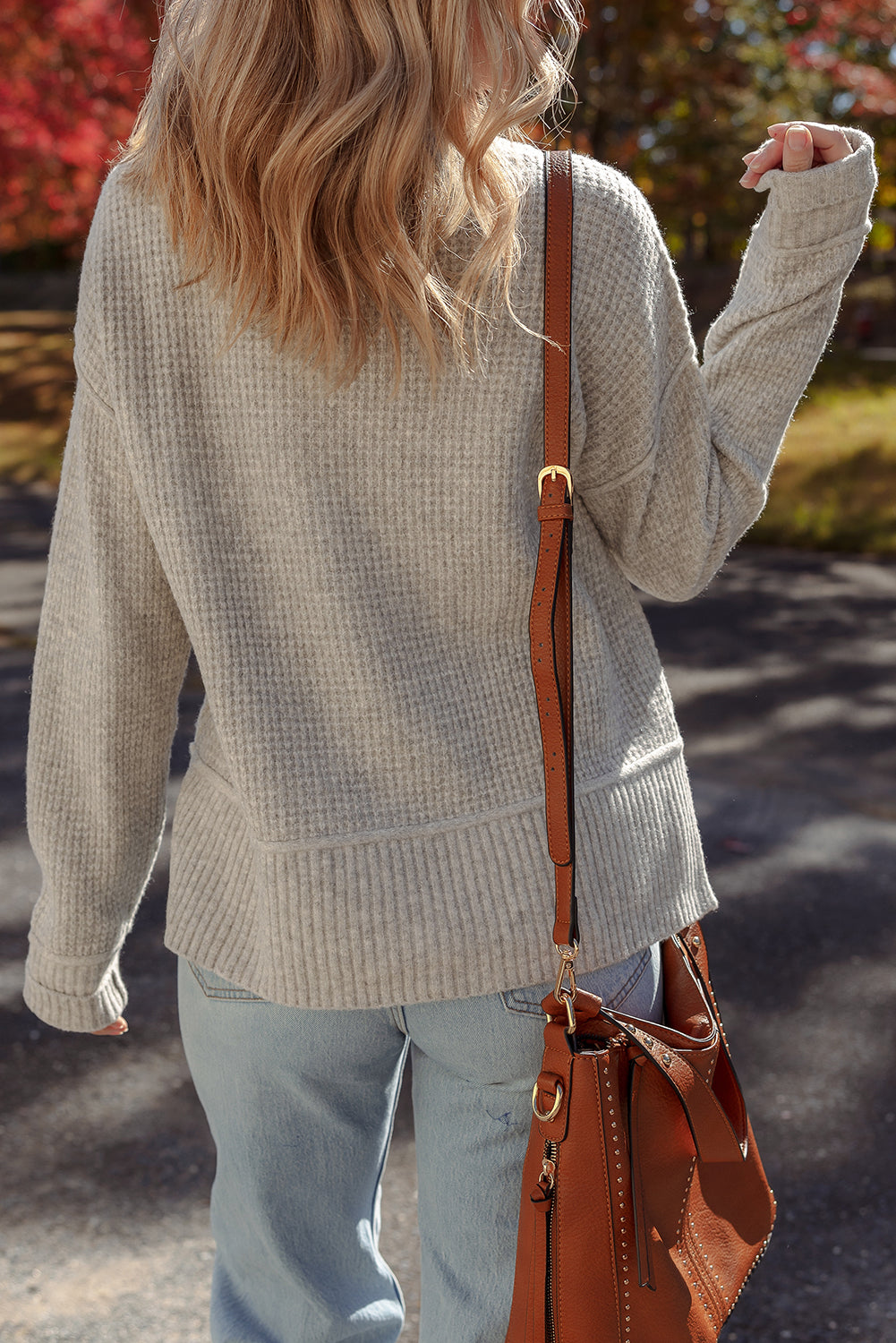 Gray Morn Waffle Texture Knit Ribbed High Neck Drop Shoulder Sweater