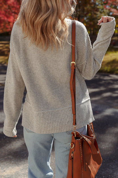 Gray Morn Waffle Texture Knit Ribbed High Neck Drop Shoulder Sweater