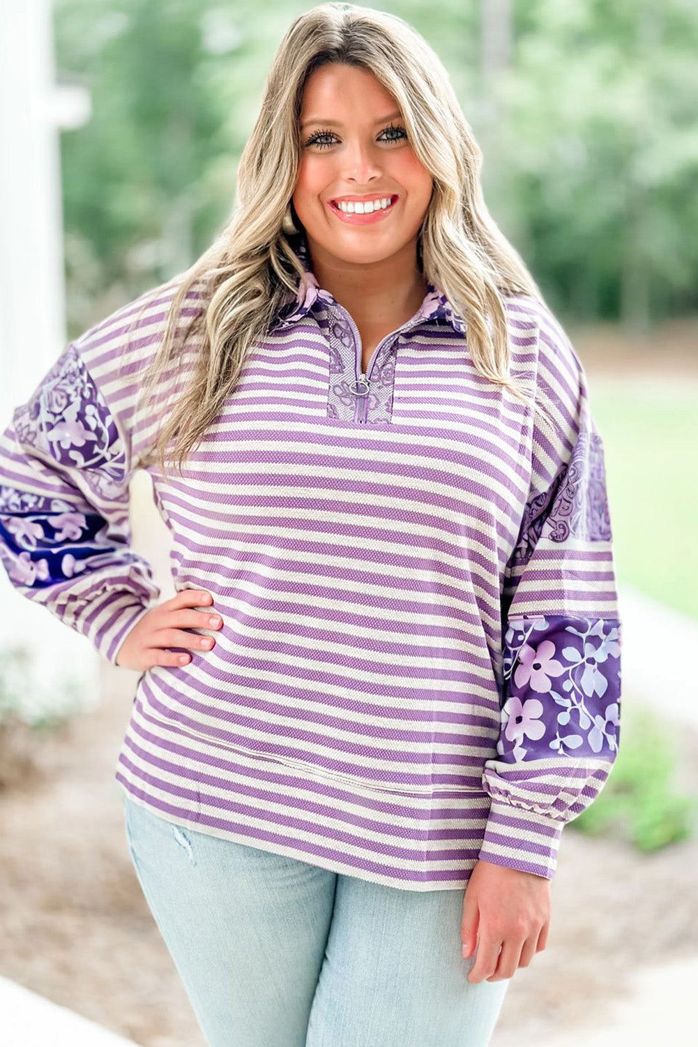 Purple Stripe Floral Patchwork Long Sleeve O-ring Zip Neck Collared Plus Size Top