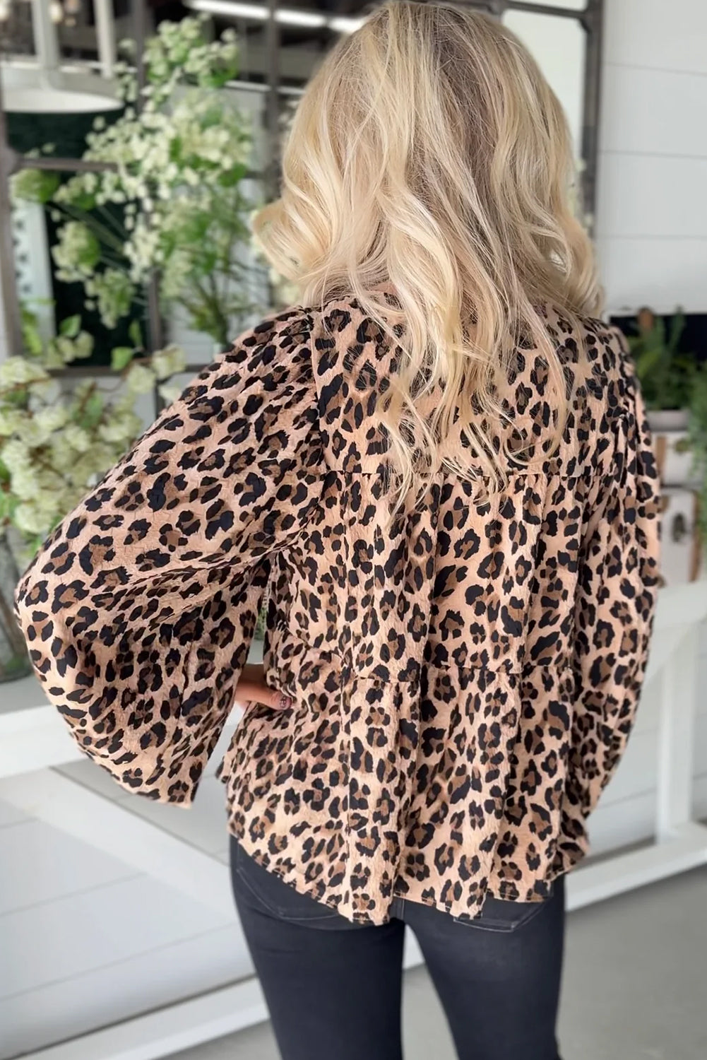 Khaki Leopard Print Tie Front Long Puff Sleeve Blouse