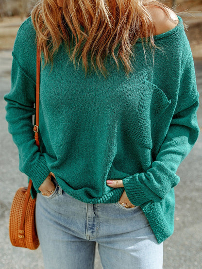 Green Rib Knit Off Shoulder Sweater with Chest Pocket