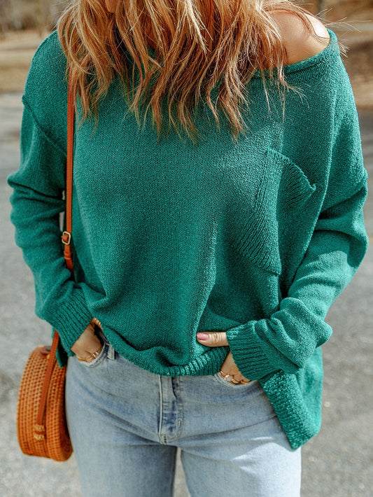 Green Rib Knit Off Shoulder Sweater with Chest Pocket