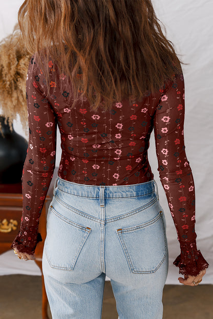 Red Floral Print Smocked Cuff Slim Fit Mesh Bodysuit