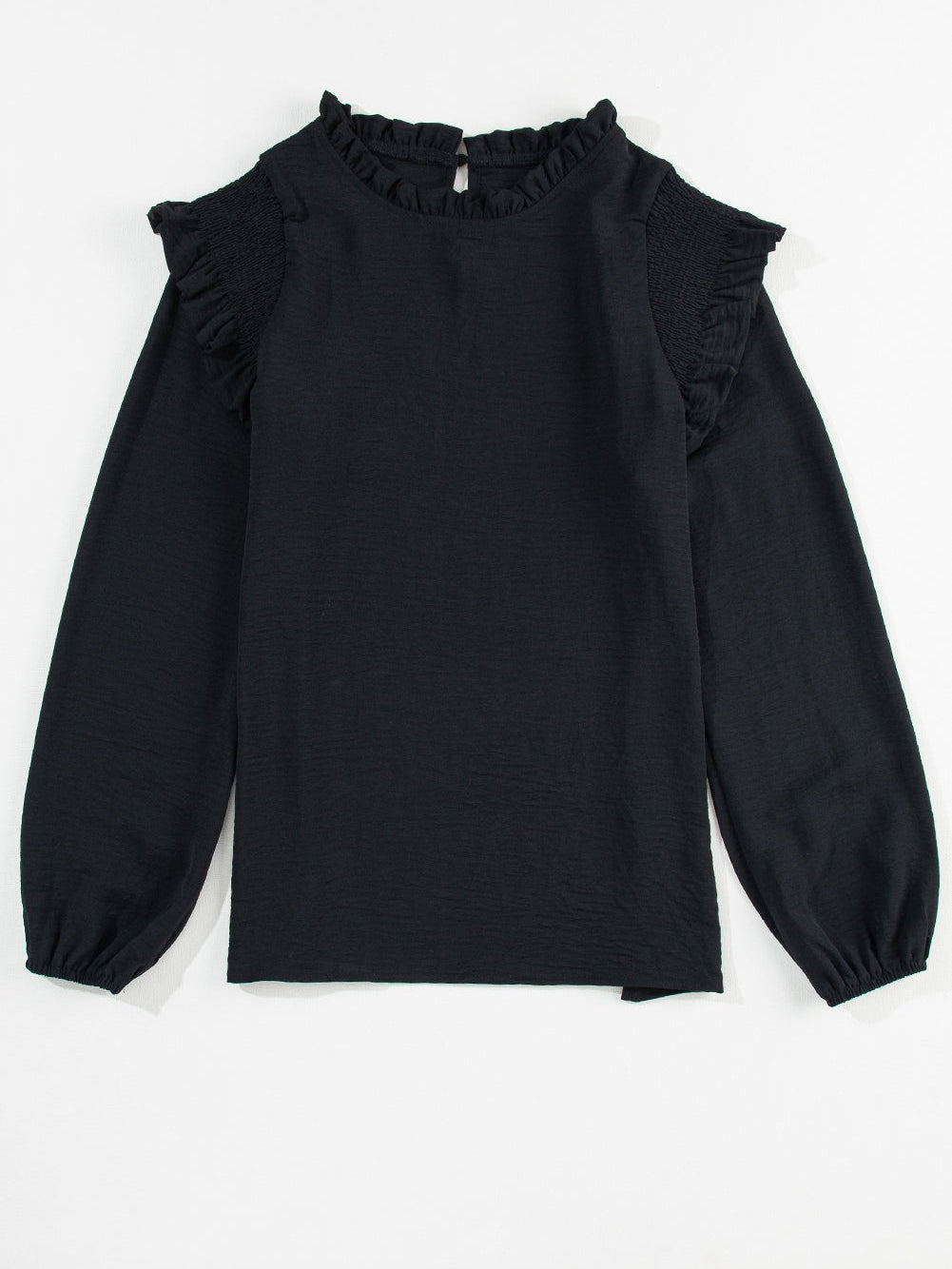 Elegant Black Ruffled Shoulder Bubble Sleeve Blouse