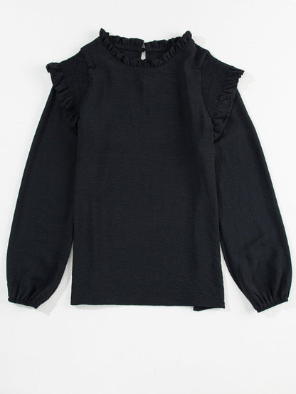 Elegant Black Ruffled Shoulder Bubble Sleeve Blouse
