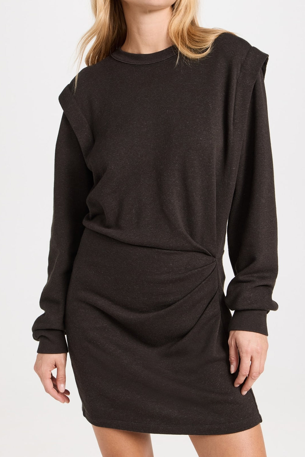 Carbon Grey Solid Color Faux-two-piece Patchwork Long Sleeve Pleated Detail Mini Dress