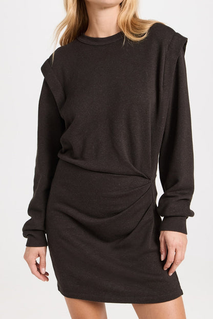 Carbon Grey Solid Color Faux-two-piece Patchwork Long Sleeve Pleated Detail Mini Dress