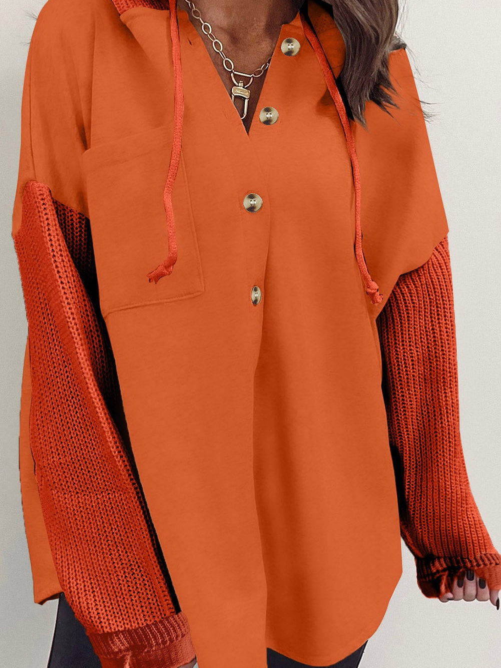 Golden Ember Knit Sleeve Hooded Jacket with Button-Up Front
