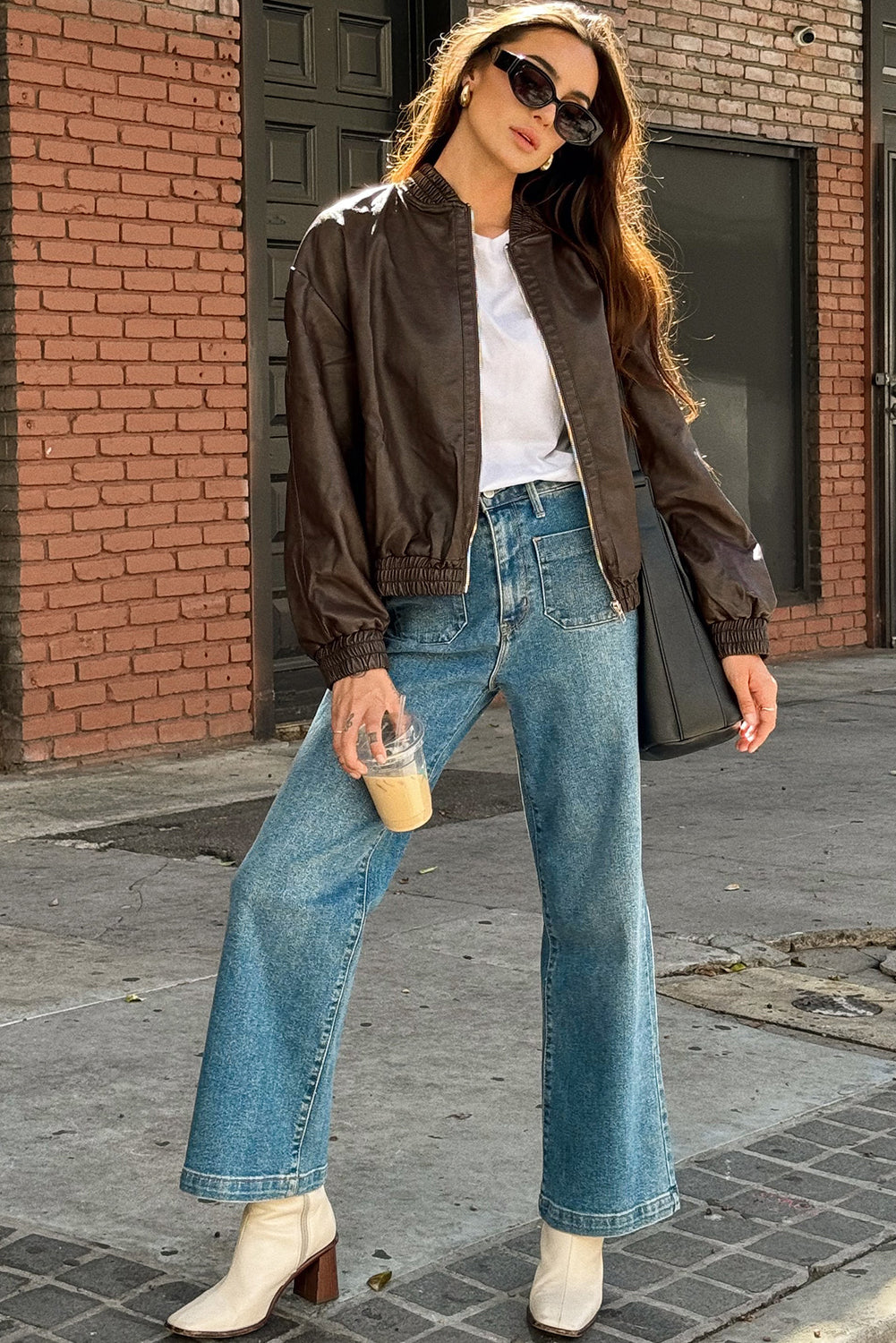 Dark Brown Elastic Banded Faux Leather Bomber Jacket