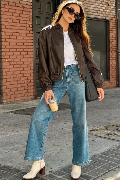 Dark Brown Elastic Banded Faux Leather Bomber Jacket