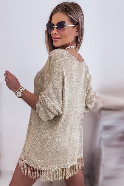 Khaki Knit Sweater with Fringe Detail for Casual Chic