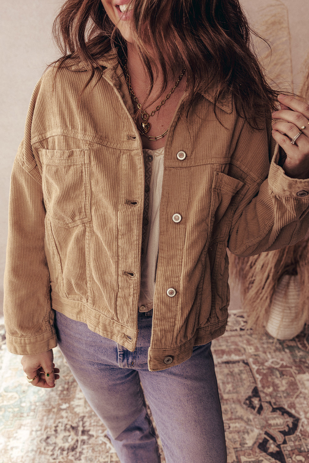 Camel Double Patch Pocket Plus Size Corduroy Jacket