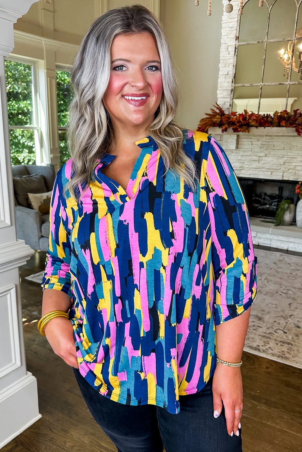 Blue Plus Size Brushstroke Print 3/4 Sleeve Blouse